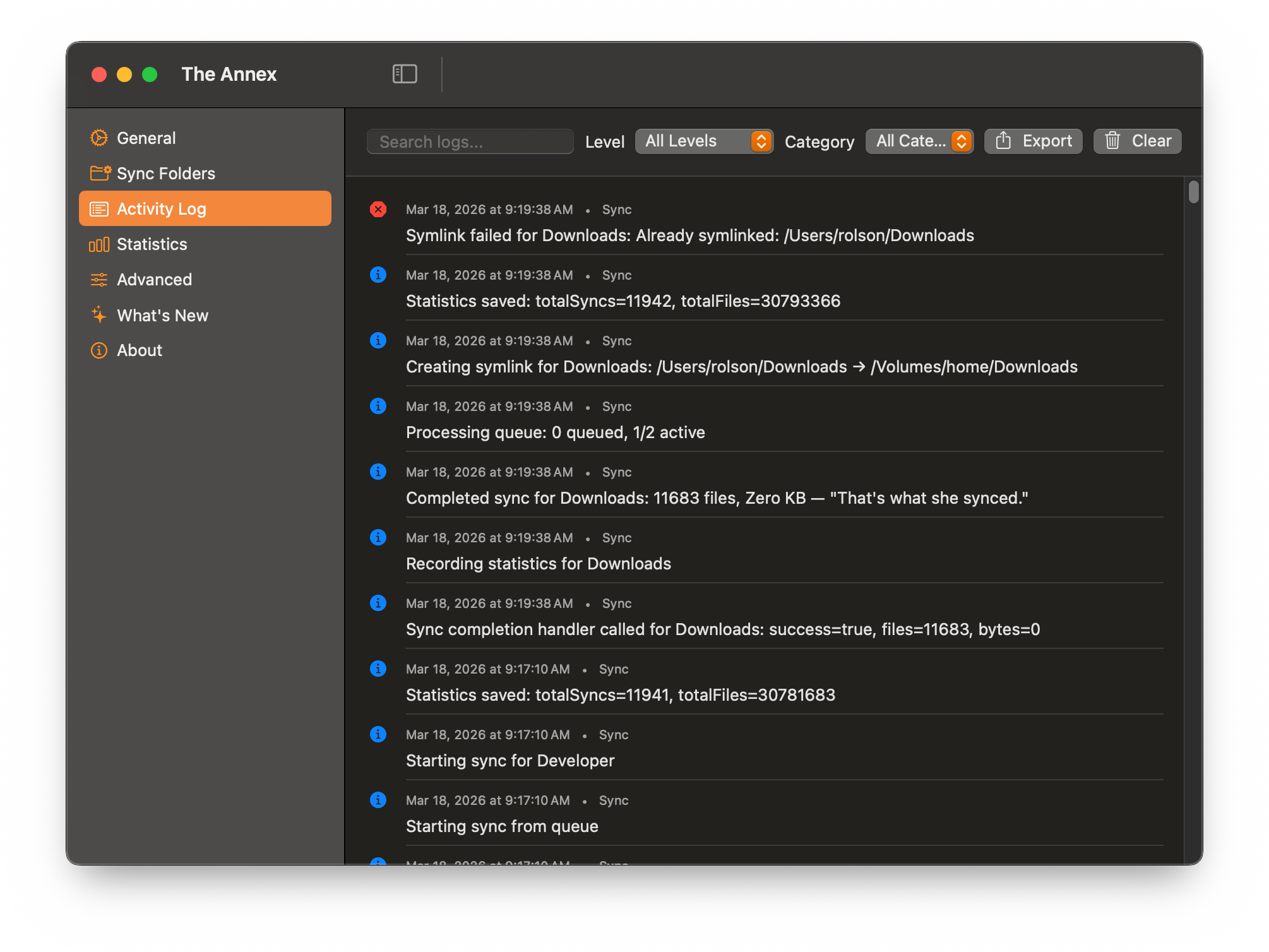 Activity Log tab — searchable sync log