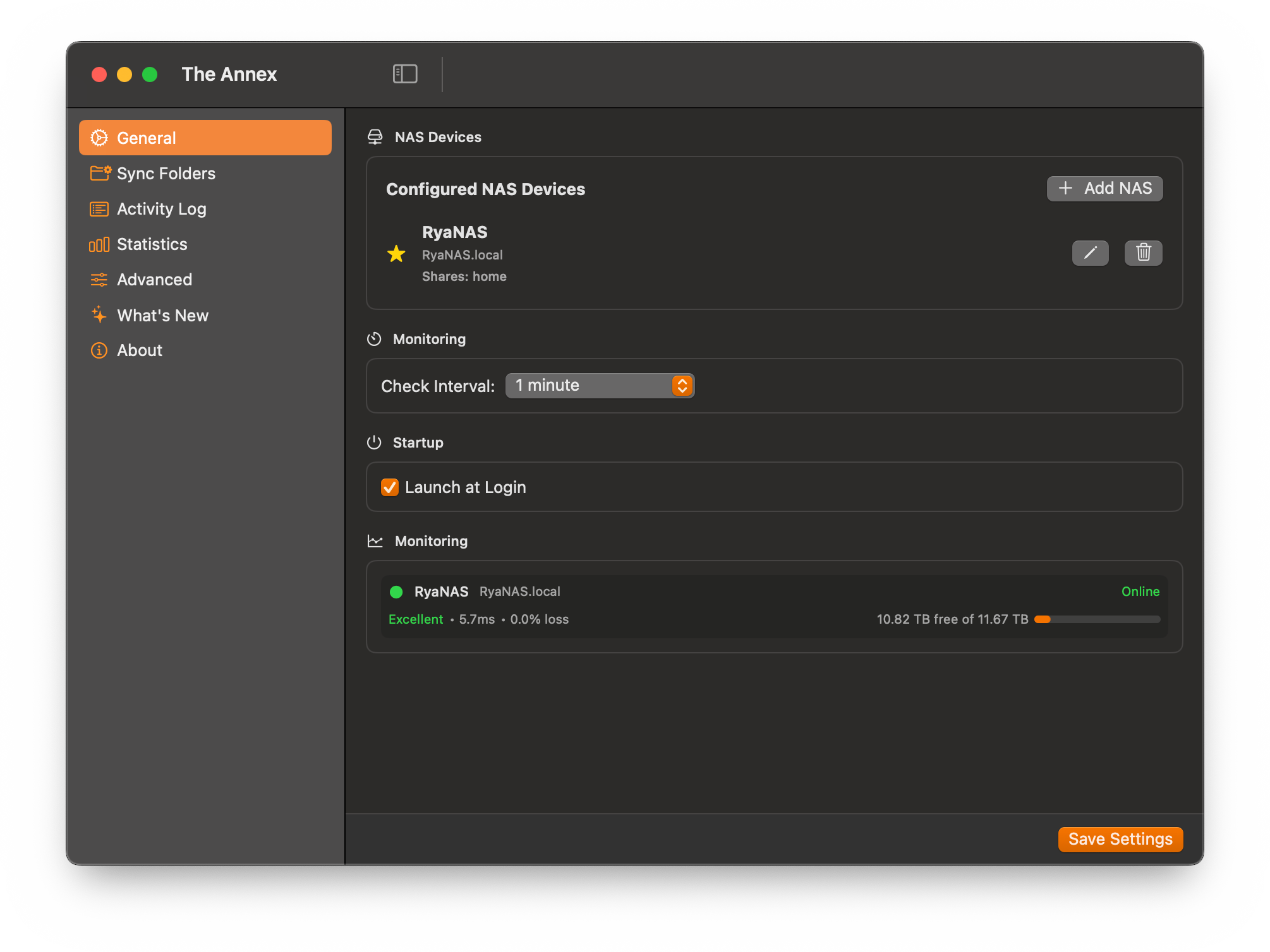 General tab — devices and status
