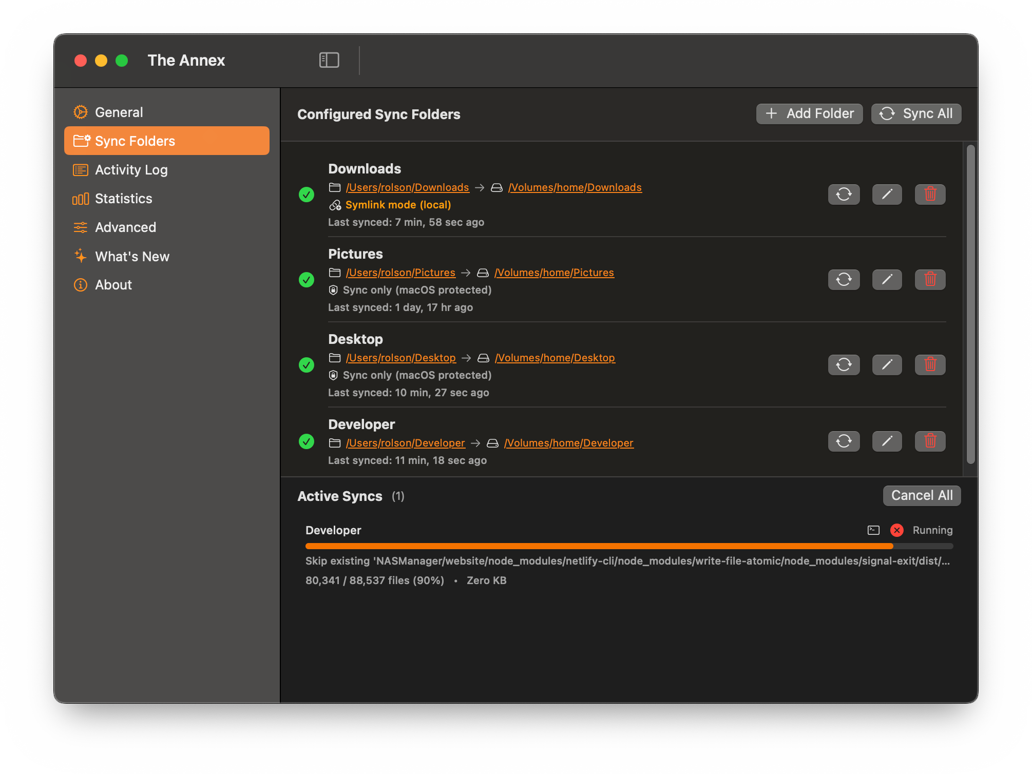 Sync Folders tab — sync pairs and controls
